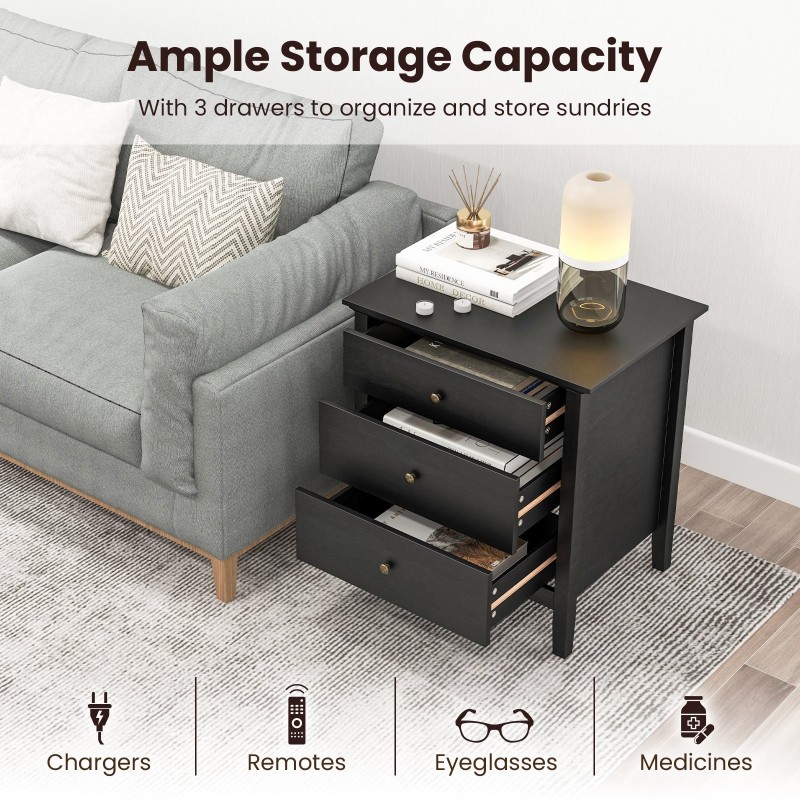 Kolmella laatikolla varustettu musta puinen yöpöytä säilytyksellä