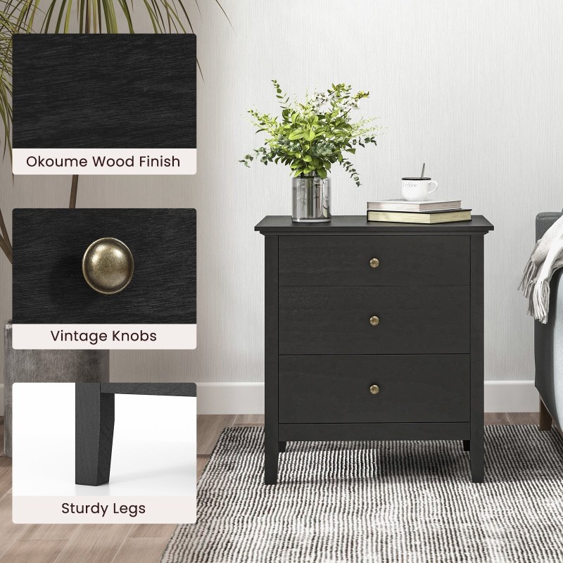 Kolmella laatikolla varustettu musta puinen yöpöytä säilytyksellä