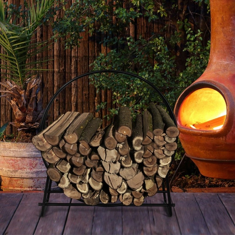 Kestävä musta kaminapuiden säilytysteline sisä- ja ulkokäyttöön