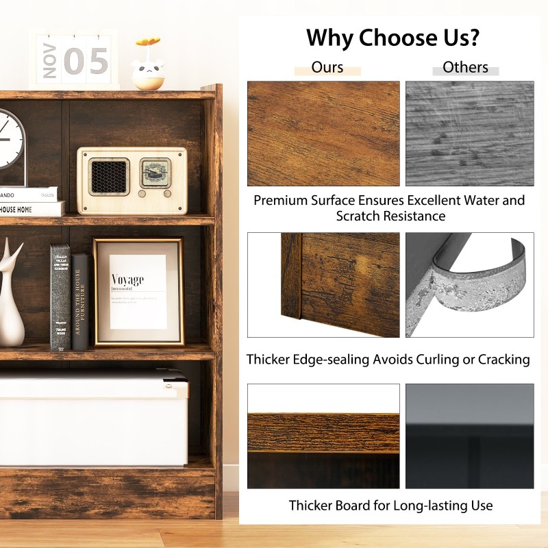 Kolmitasoinen rustiikkinen ruskea kirjahylly kaatumisen estolla