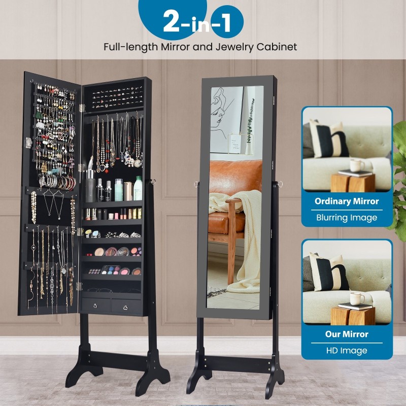 Vapaasti seisova musta korukaappi kokovartalopeilillä ja laatikoilla