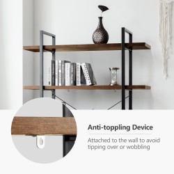 Viisitasoinen teollinen kirjahylly kaatumisenestolla, rustiikkinen ruskea