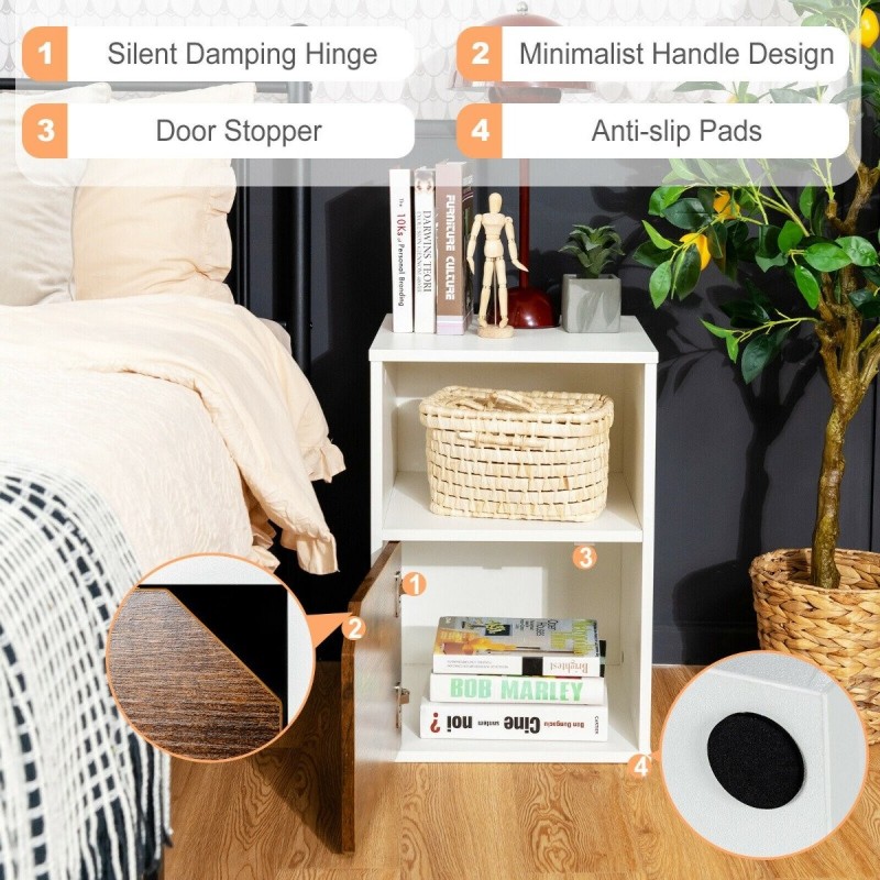 2-osainen valkoinen yöpöytäsetti avoimella hyllyllä ja kaapilla