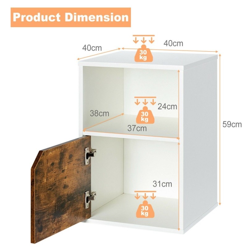 2-osainen valkoinen yöpöytäsetti avoimella hyllyllä ja kaapilla