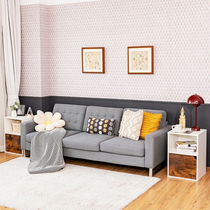 2-osainen valkoinen yöpöytäsetti avoimella hyllyllä ja kaapilla