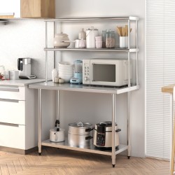 Kaksitasoinen ruostumaton teräshylly säädettävällä alemmalla hyllyllä Kaksitasoinen ruostumaton teräshylly säädettävällä alemmalla hyllyllä