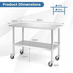 Suuri ruostumaton teräspöytä pyörillä ja säädettävällä hyllyllä