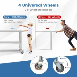 Suuri ruostumaton teräspöytä pyörillä ja säädettävällä hyllyllä