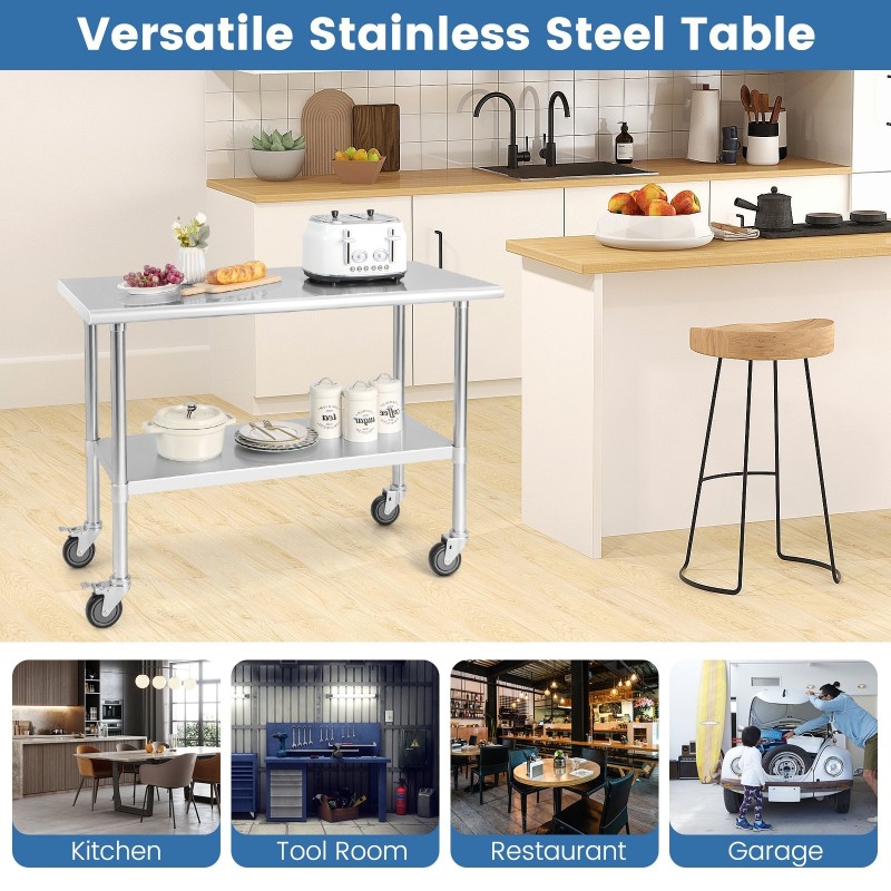 Suuri ruostumaton teräspöytä pyörillä ja säädettävällä hyllyllä