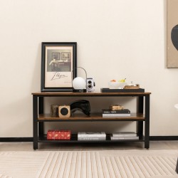 Kolmitasoinen tv-taso avohyllyillä ja metallirungolla rustiikkinen ruskea