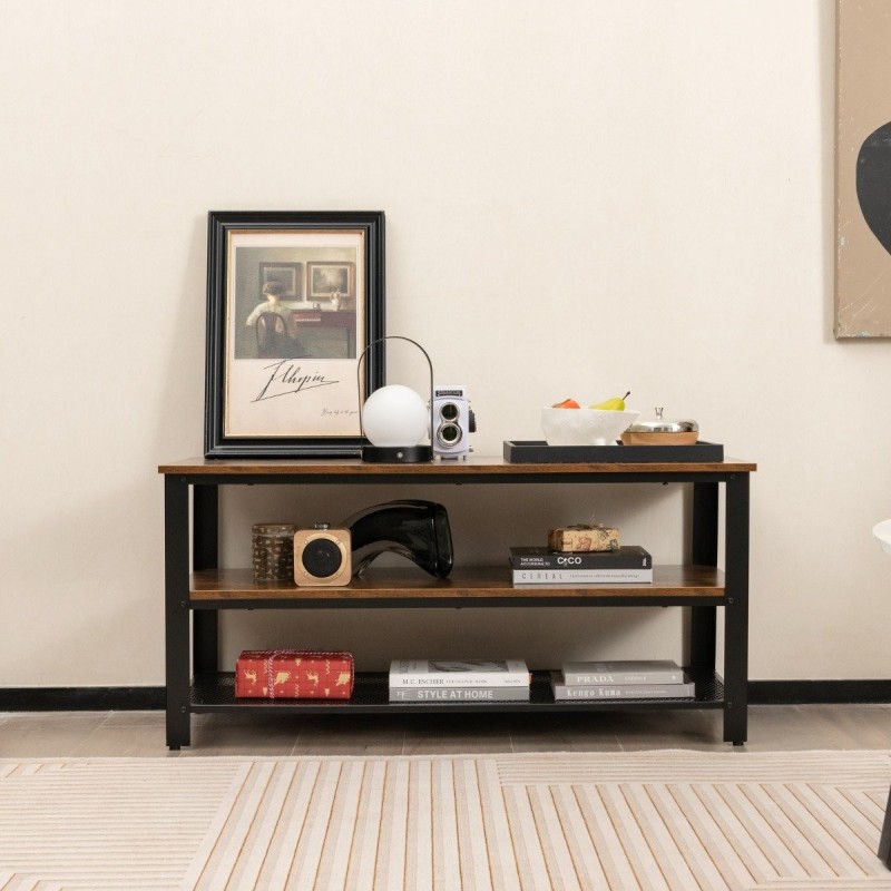 Kolmitasoinen tv-taso avohyllyillä ja metallirungolla rustiikkinen ruskea