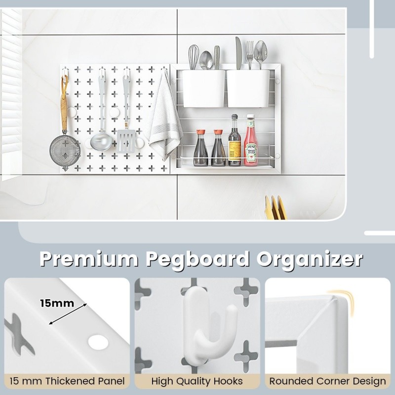 Monikäyttöinen valkoinen pegboard-järjestelmä säilytykseen ja organisointiin Monikäyttöinen valkoinen pegboard-järjestelmä säilytykseen ja organisointiin