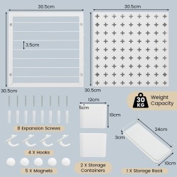 Monikäyttöinen valkoinen pegboard-järjestelmä säilytykseen ja organisointiin Monikäyttöinen valkoinen pegboard-järjestelmä säilytykseen ja organisointiin