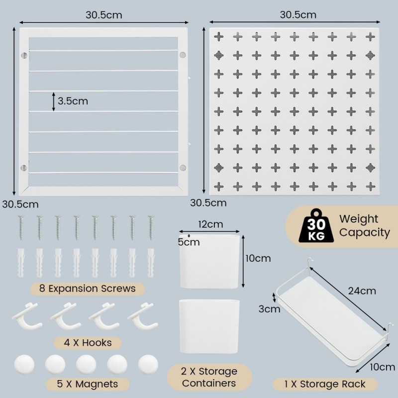 Monikäyttöinen valkoinen pegboard-järjestelmä säilytykseen ja organisointiin Monikäyttöinen valkoinen pegboard-järjestelmä säilytykseen ja organisointiin