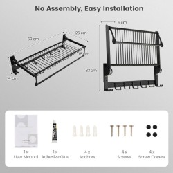 Taitettava musta pyyheteline säädettävällä tangolla ja koukuilla