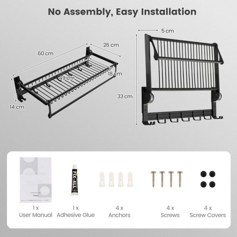 Taitettava musta pyyheteline säädettävällä tangolla ja koukuilla