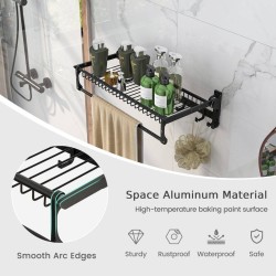 Taitettava musta pyyheteline säädettävällä tangolla ja koukuilla