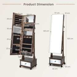 Seisova korukaappi peilillä ja LED-valoilla, rustiikkinen ruskea