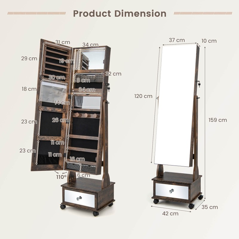 Seisova korukaappi peilillä ja LED-valoilla, rustiikkinen ruskea