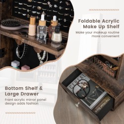 Seisova korukaappi peilillä ja LED-valoilla, rustiikkinen ruskea