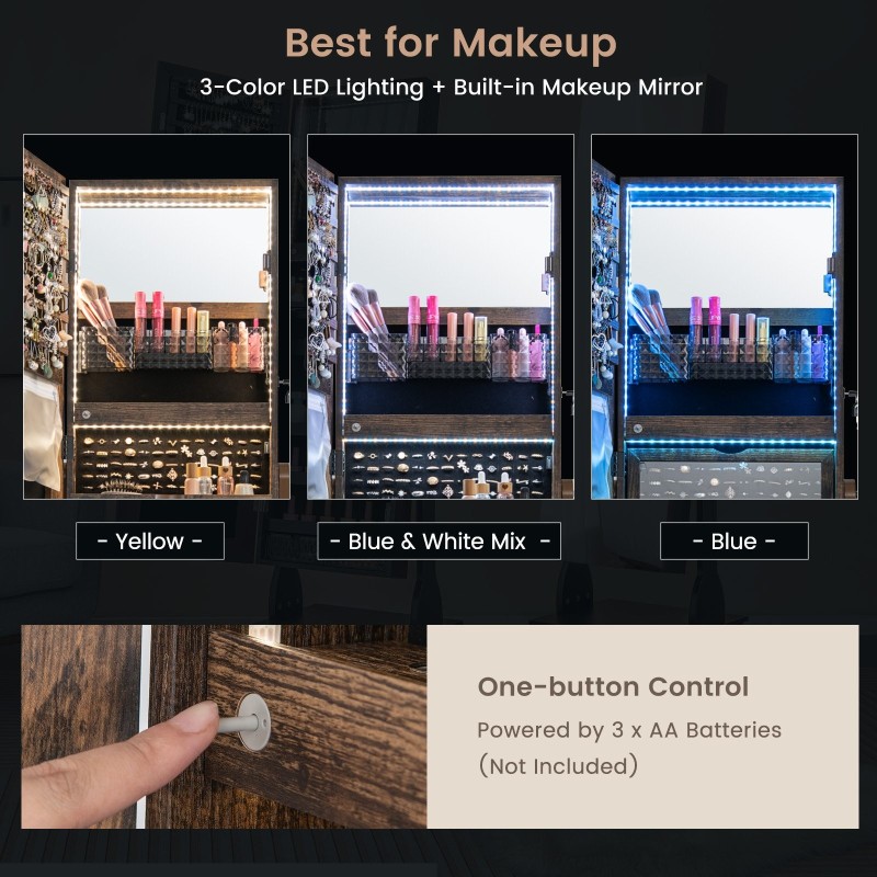 Seisova korukaappi peilillä ja LED-valoilla, rustiikkinen ruskea