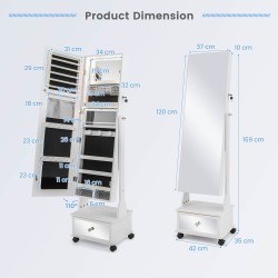 Valkoinen seisova korukaappi peilillä ja LED-valoilla