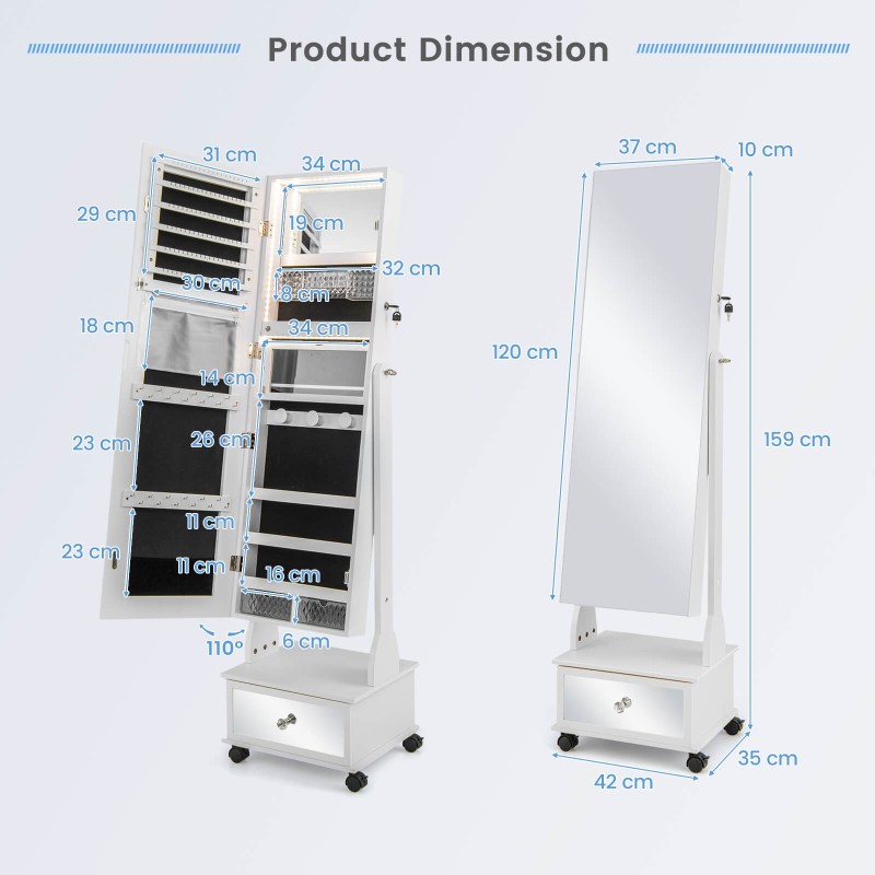 Valkoinen seisova korukaappi peilillä ja LED-valoilla