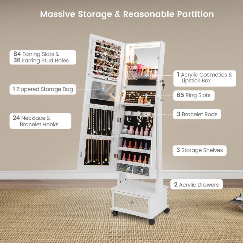 Valkoinen seisova korukaappi peilillä ja LED-valoilla