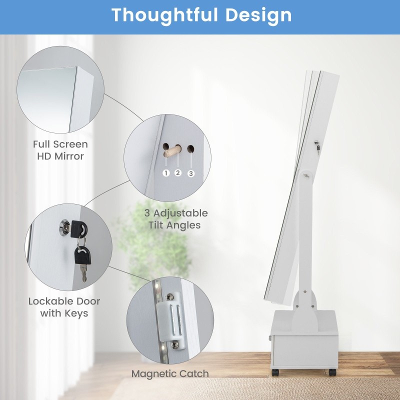 Valkoinen seisova korukaappi peilillä ja LED-valoilla