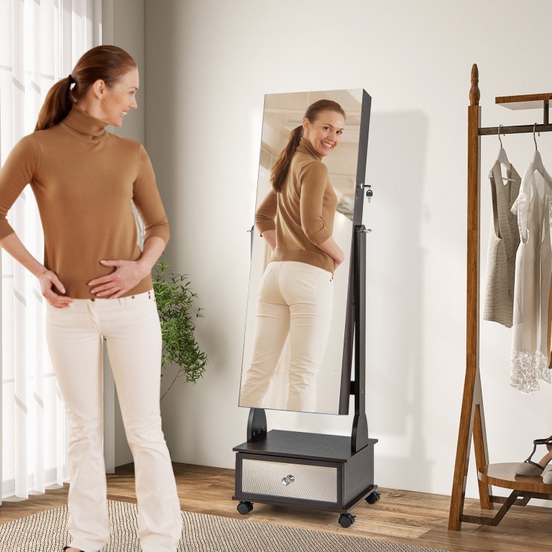 Seisova korukaappi peilillä ja LED-valoilla, ruskea