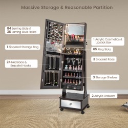 Seisova korukaappi peilillä ja LED-valoilla, ruskea