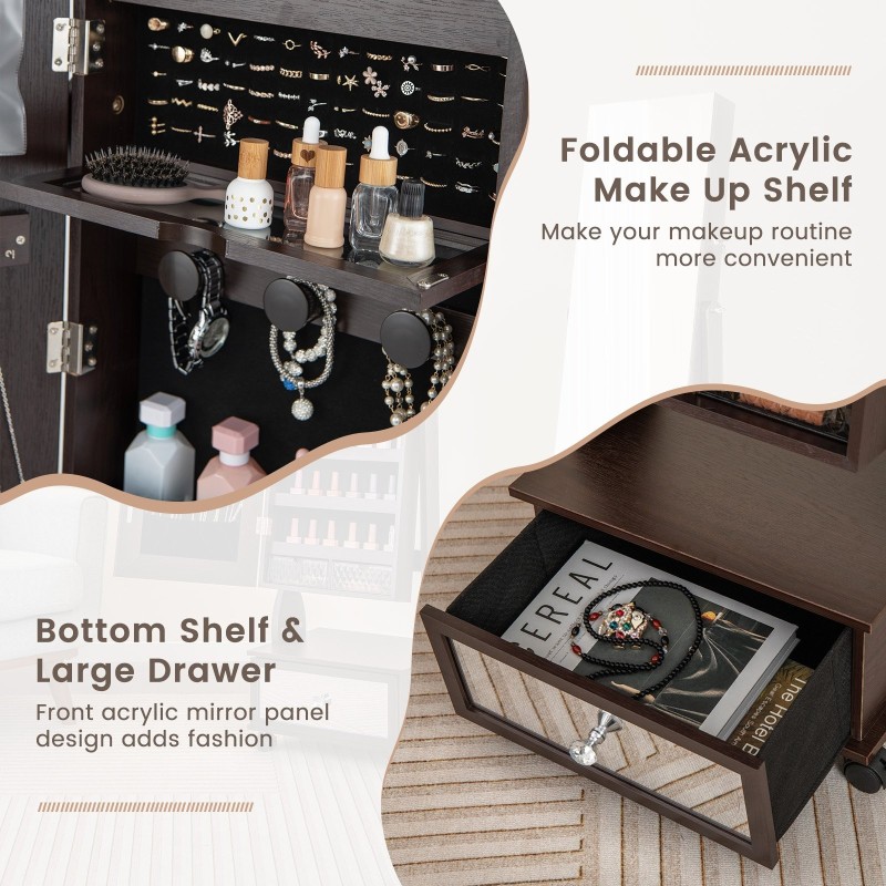 Seisova korukaappi peilillä ja LED-valoilla, ruskea