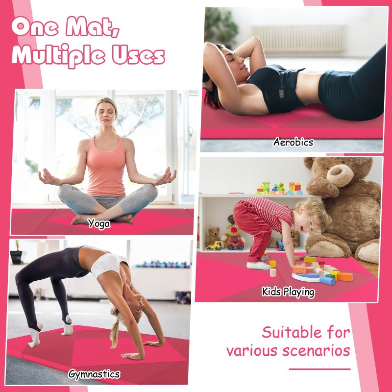 Taitettava 240cm PU-nahkainen voimistelumatto, ruusu, kannettava ja kestävä