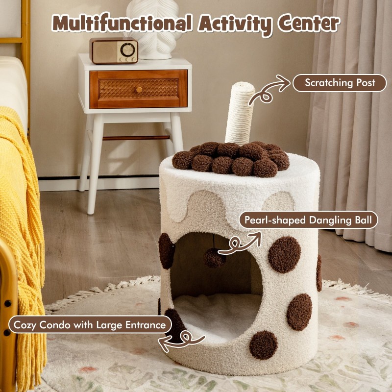 Maitotee-aiheinen kissapuu raapimistolpalla, beige