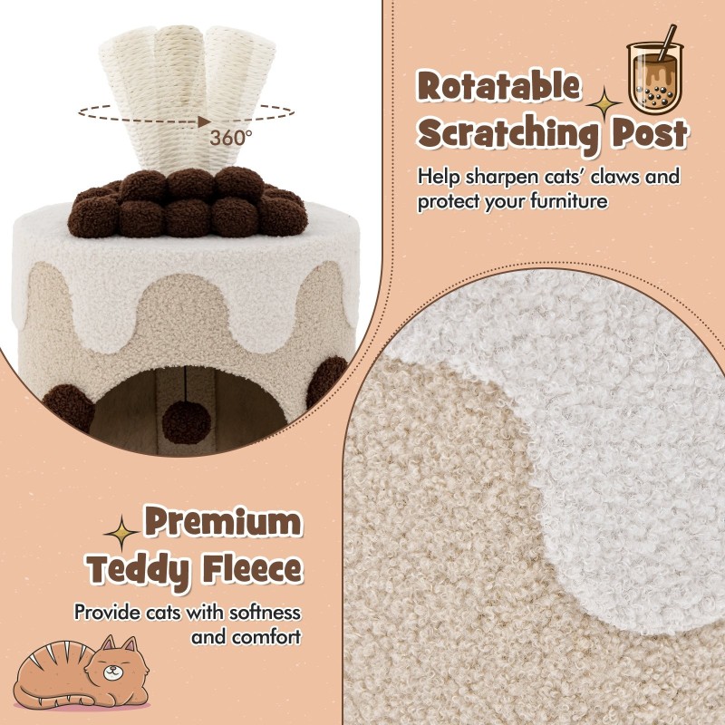 Maitotee-aiheinen kissapuu raapimistolpalla, beige