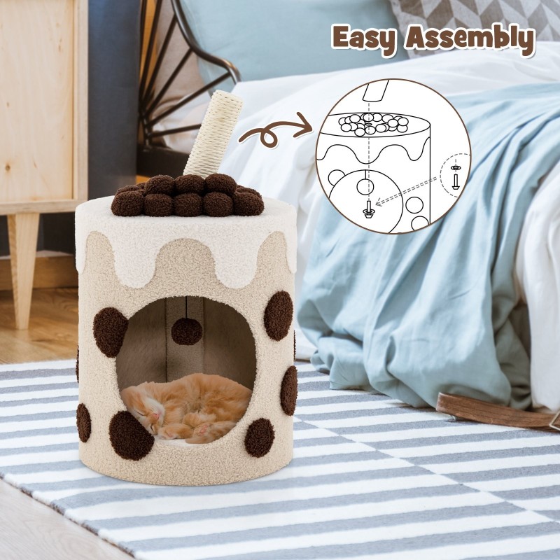 Maitotee-aiheinen kissapuu raapimistolpalla, beige