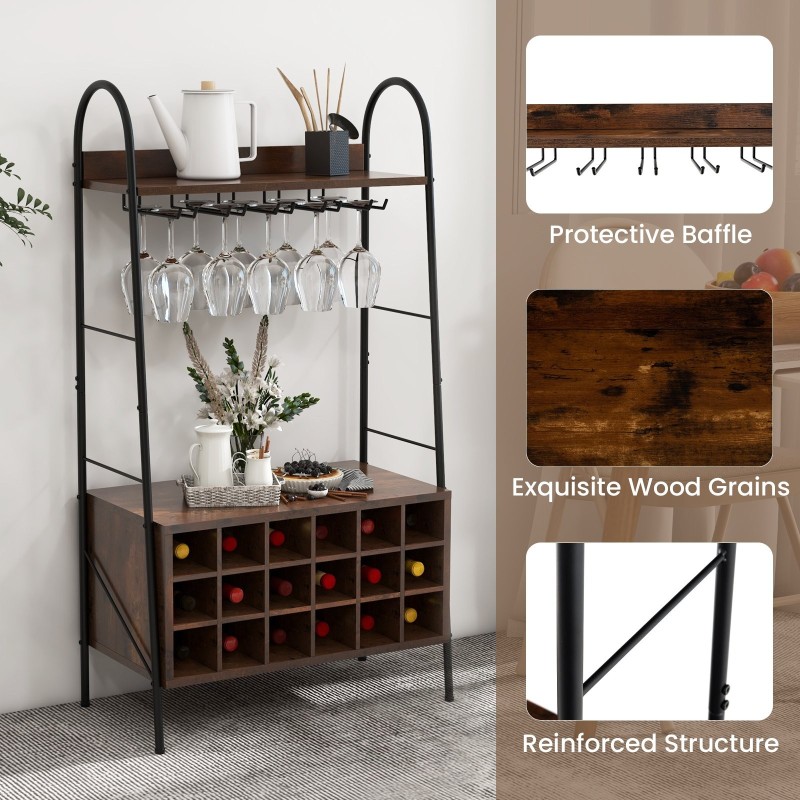 Rustiikkinen viiniteline irrotettavalla hyllyllä ja lasitelineillä