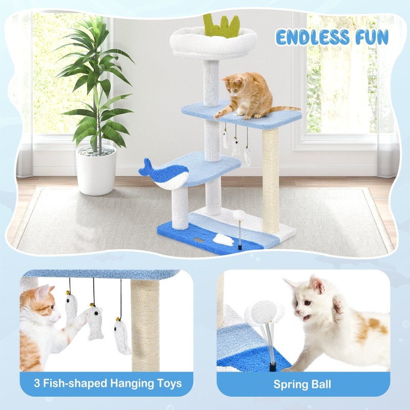 Meriteemainen sininen kissapuu raapimistolpilla ja leluilla