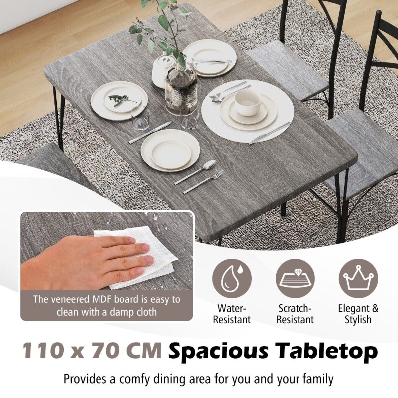 Harmaa 5-osainen ruokailuryhmä metallirungolla ja puupöydällä