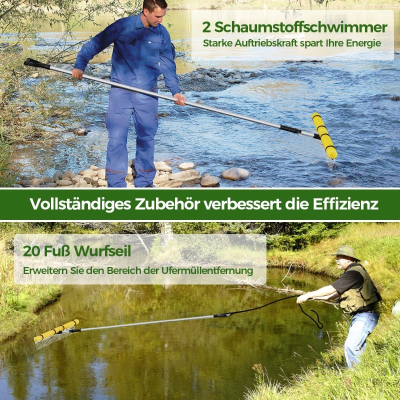 Kelluva alumiininen järviharava säädettävällä varrella hopea