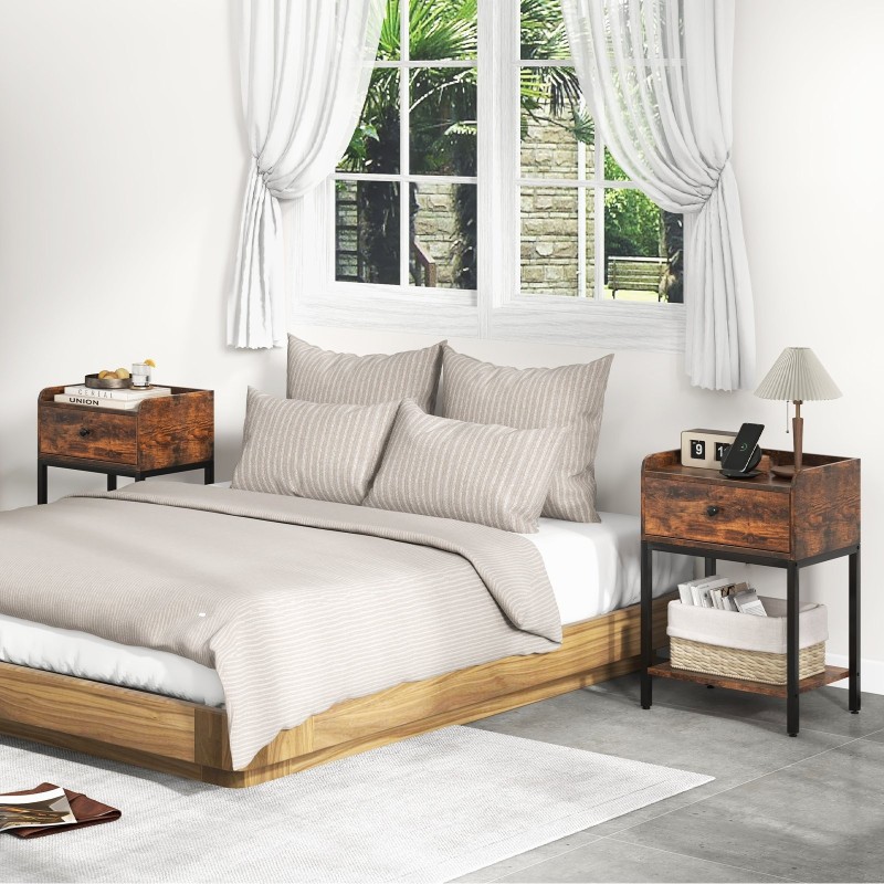 Rustiikkinen ruskea yöpöytä latausasemalla ja säilytystilalla