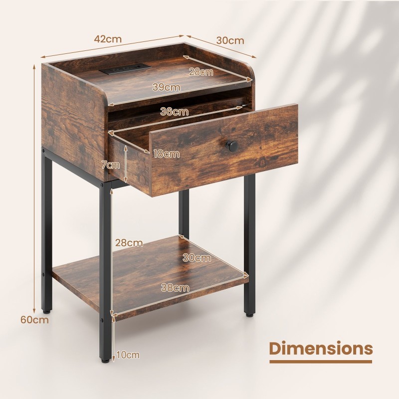 Rustiikkinen ruskea yöpöytä latausasemalla ja säilytystilalla