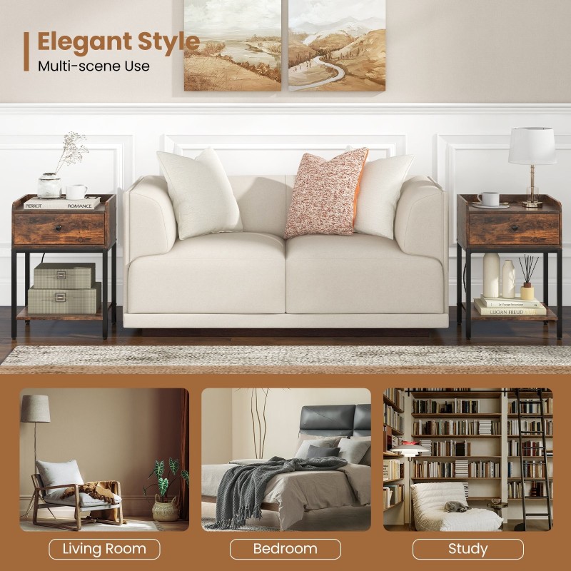 Rustiikkinen ruskea yöpöytä latausasemalla ja säilytystilalla