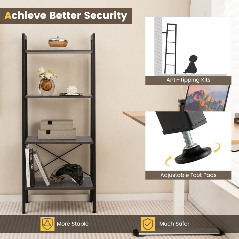 Ruskea 4-tasoinen teollinen kirjahylly metallirungolla