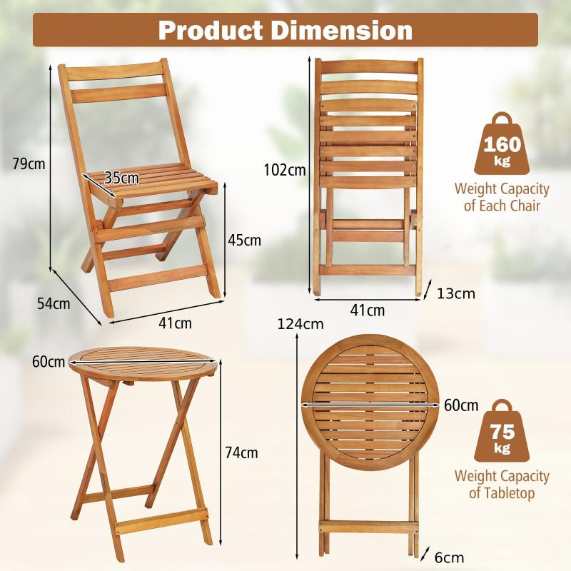 Kolmen osan taitettava akaasiapuu bistrosetti ulkokäyttöön