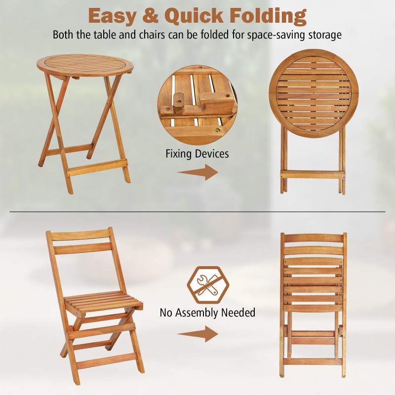 Kolmen osan taitettava akaasiapuu bistrosetti ulkokäyttöön