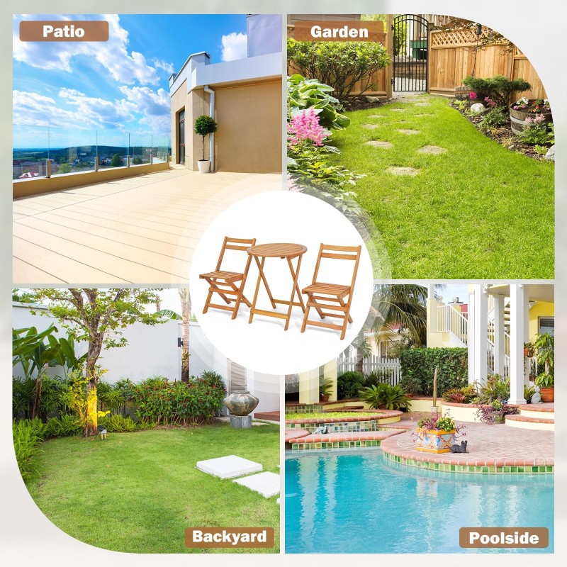 Kolmen osan taitettava akaasiapuu bistrosetti ulkokäyttöön