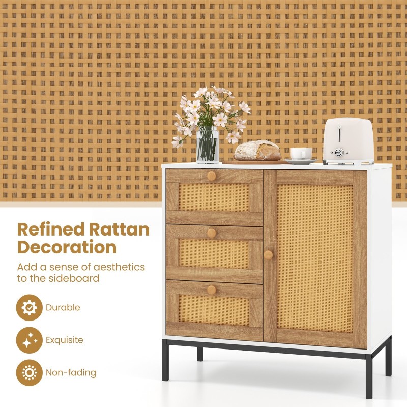 Valkoinen rattan-sivukaappi yhdellä ovella ja kolmella laatikolla