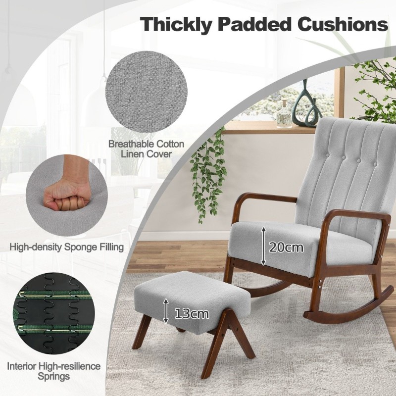 Moderni harmaa verhoiltu keinutuoli ja rahi setti