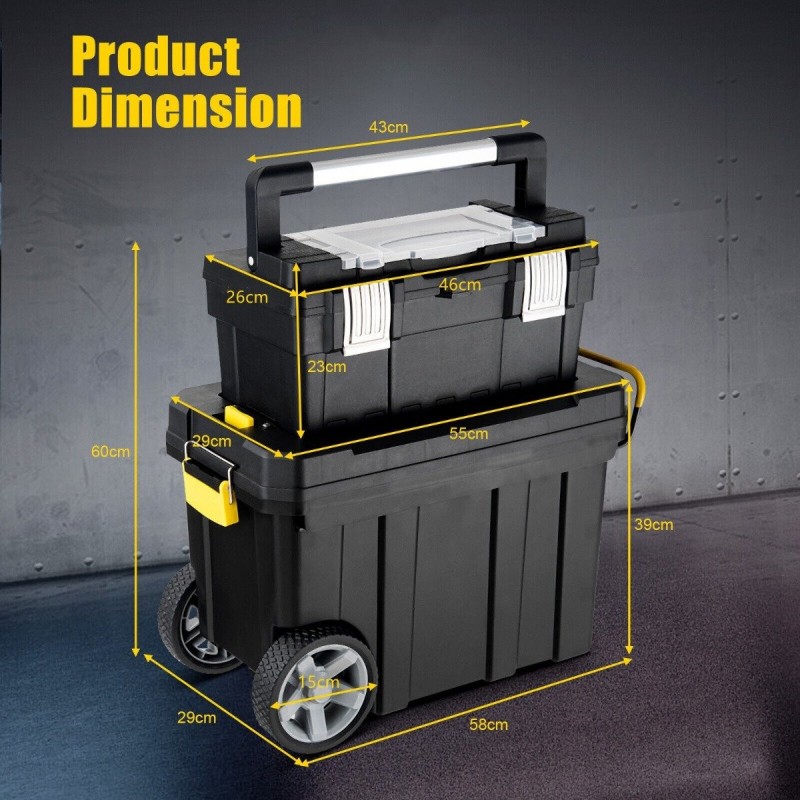 Kaksiosainen rullattava työkalulaatikkosarja musta vetokahvalla